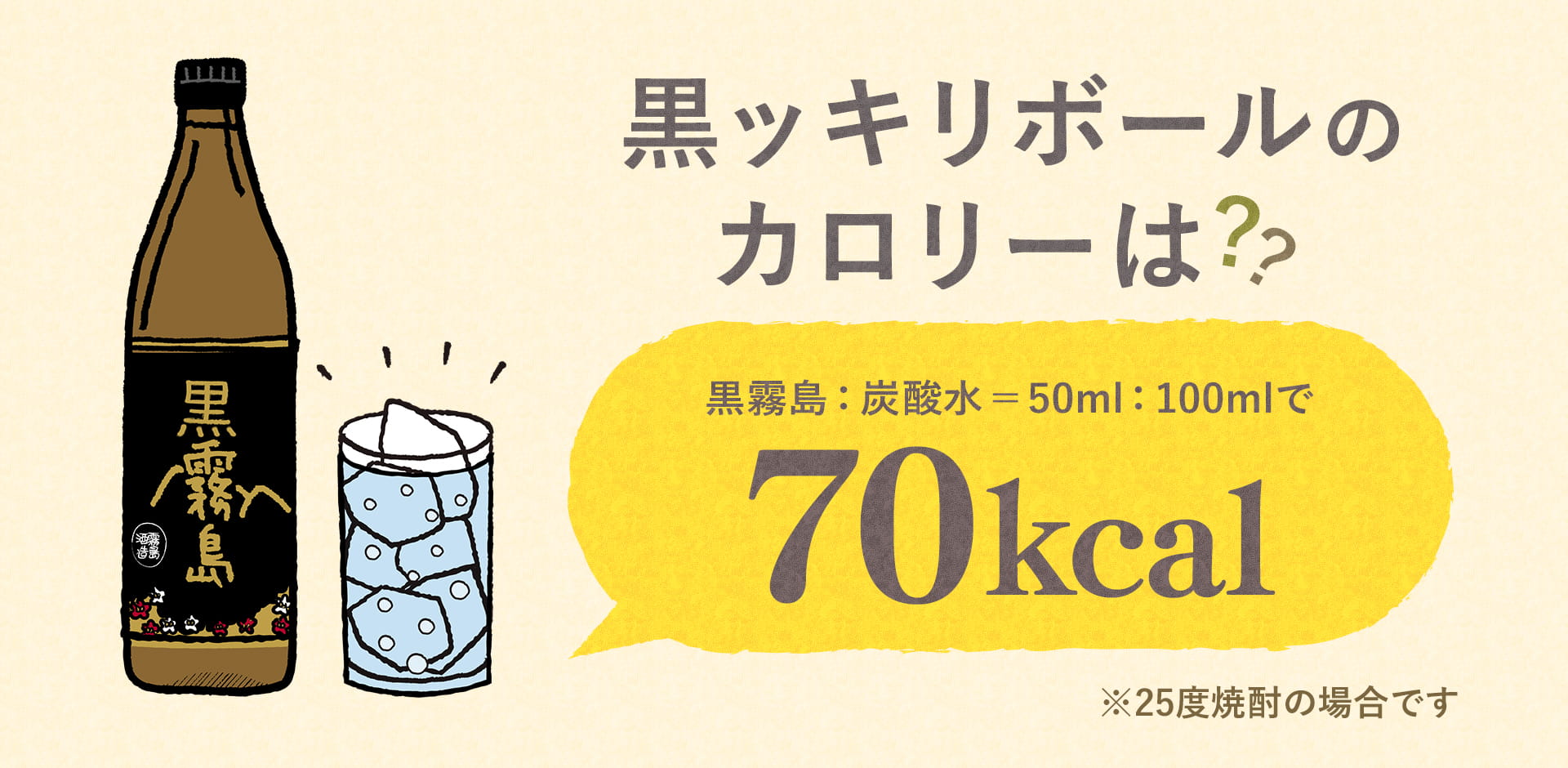 黒ッキリボールのカロリーは70カロリー※25度焼酎の場合です